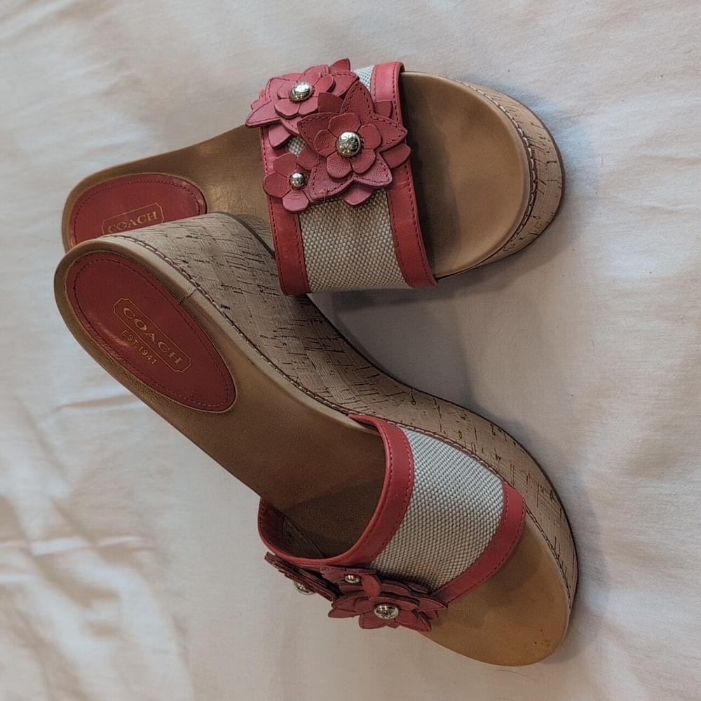 COACH Jesaca Pink Leather Flower Cork Wedge Slide Sandal 8.5